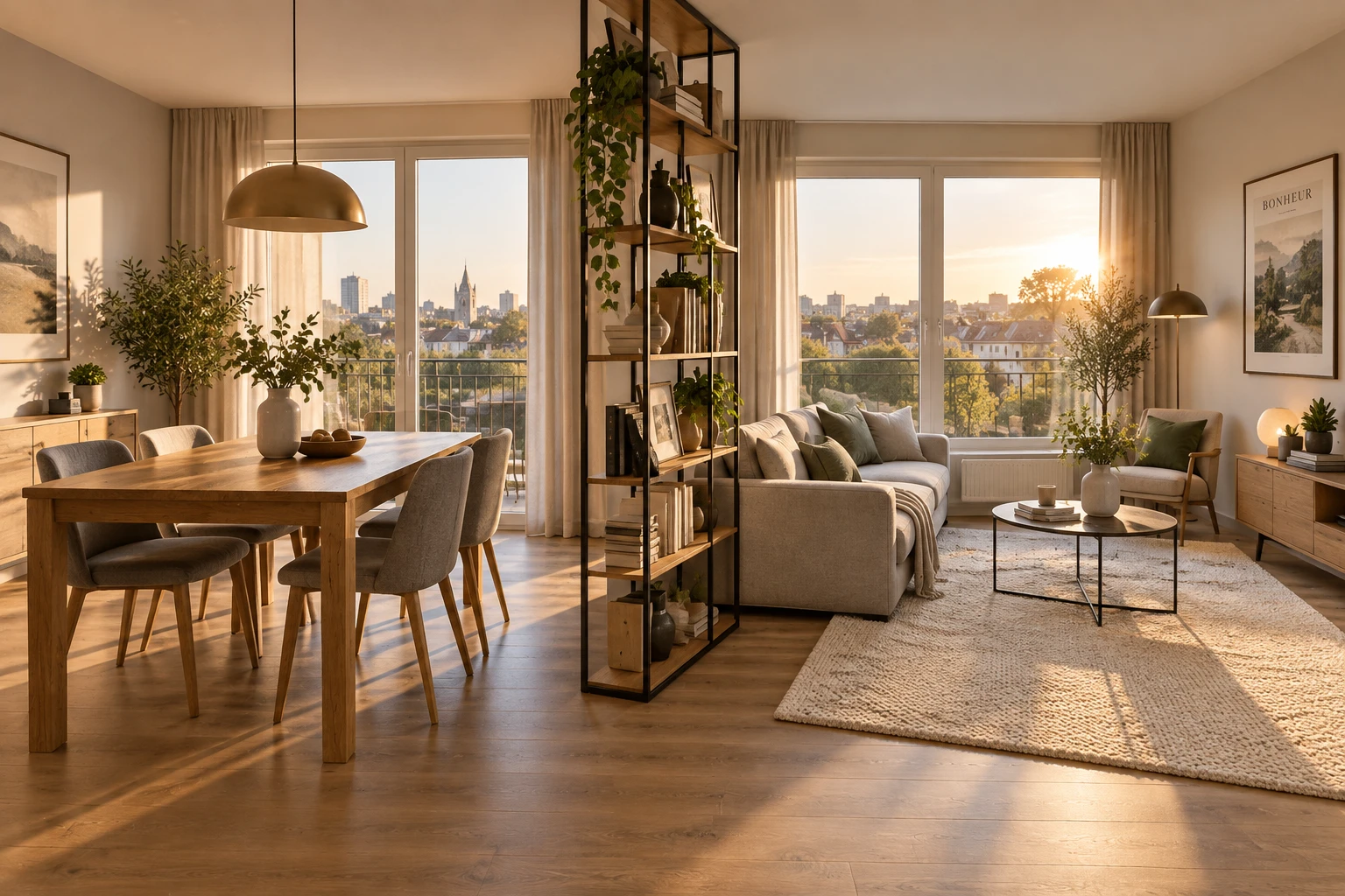 Salon salle à manger de 20m2 aménagé avec canapé droit et table en bois séparés par une étagère ajourée