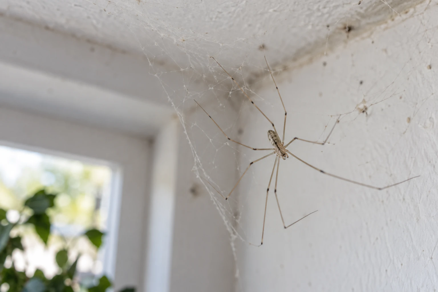 Pholque pâle aux longues pattes dans sa toile à l'angle d'un plafond blanc