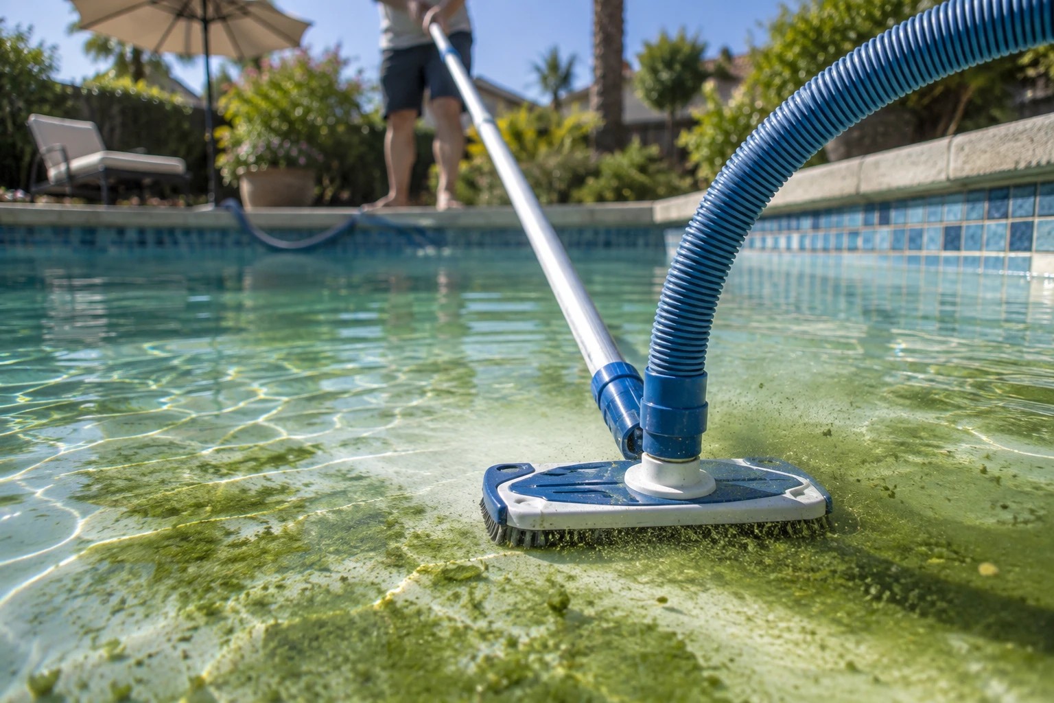 Aspirateur manuel de piscine nettoyant des algues au fond du bassin