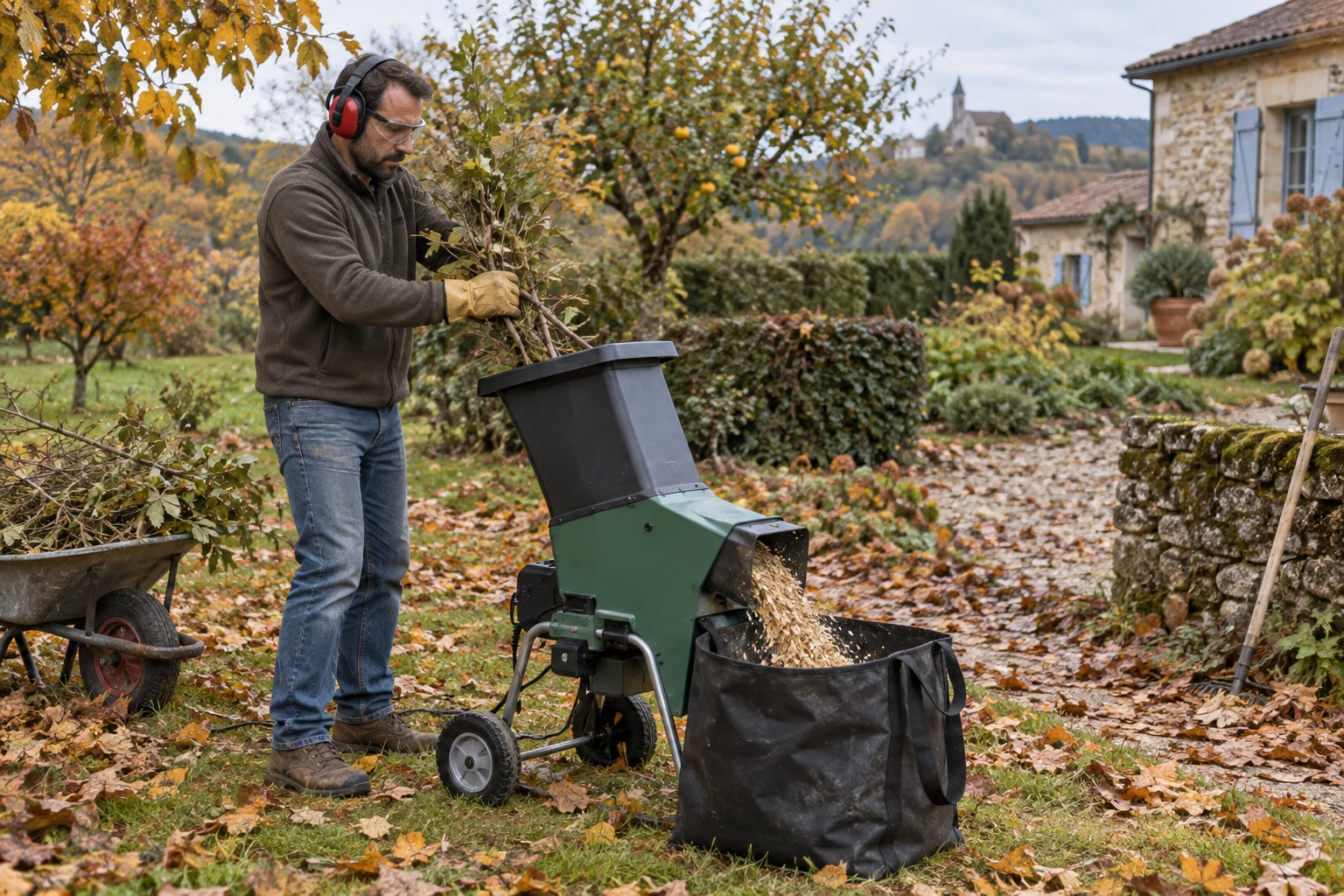 Personne utilisant un broyeur de branches maison électrique dans un jardin en automne