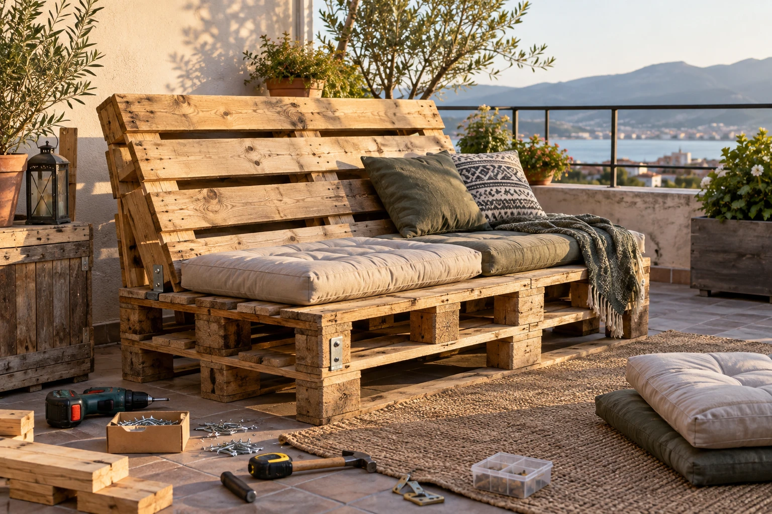 Canapé en palettes de bois avec dossier incliné installé sur une terrasse