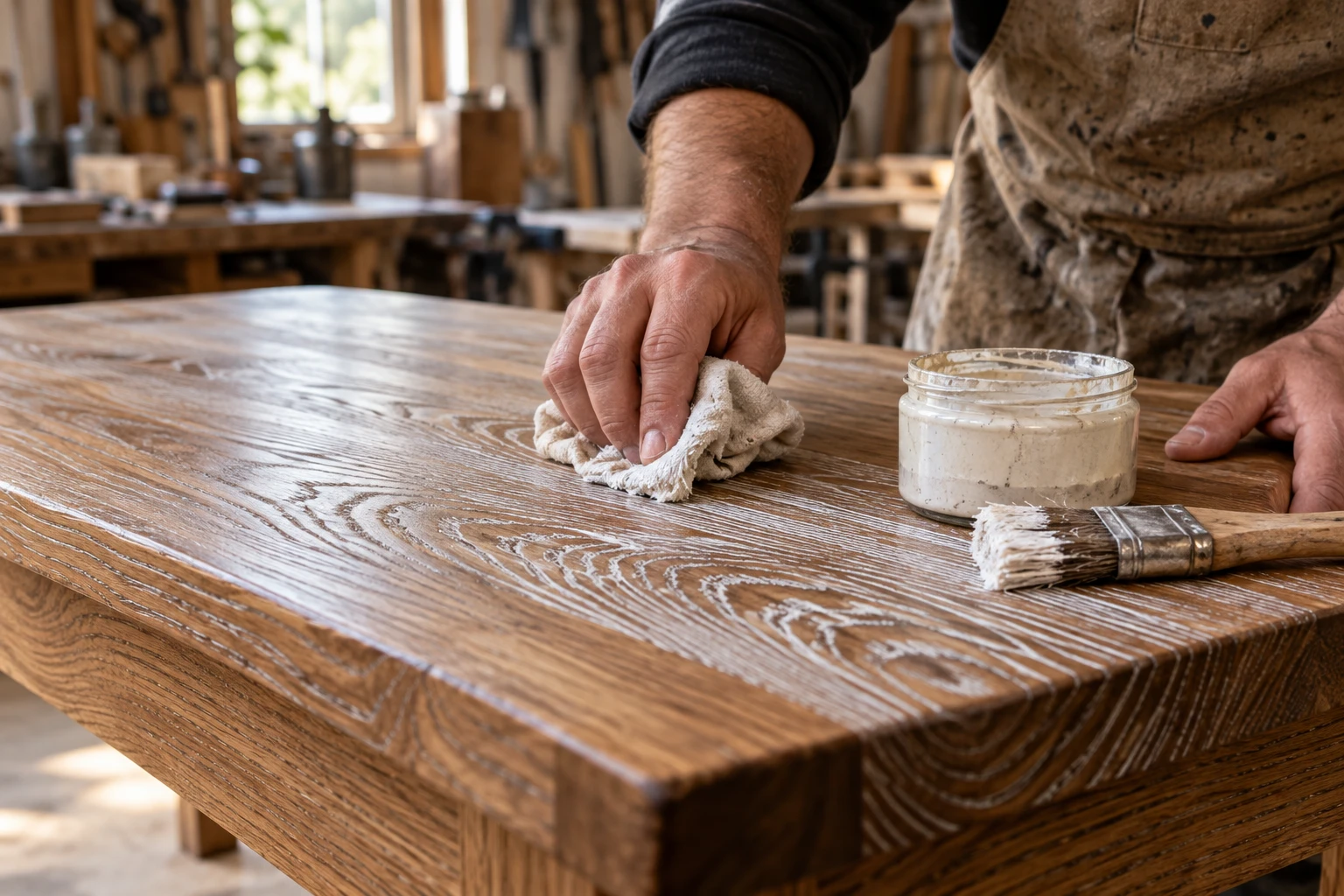 Application de pâte à céruser blanche sur une table en chêne massif au chiffon