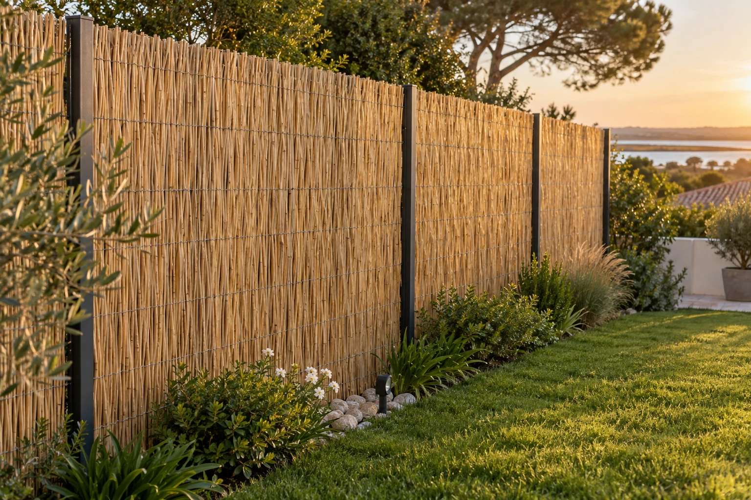 Clôture de jardin en paillasson camarguais en roseau doré fixée sur poteaux métalliques