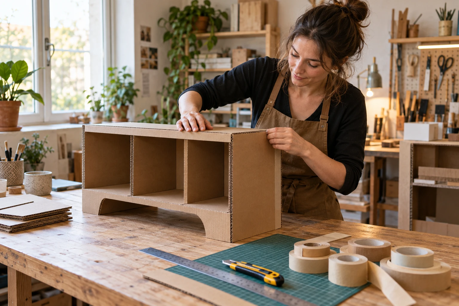Femme assemblant un meuble en carton dans un atelier lumineux avec outils de découpe