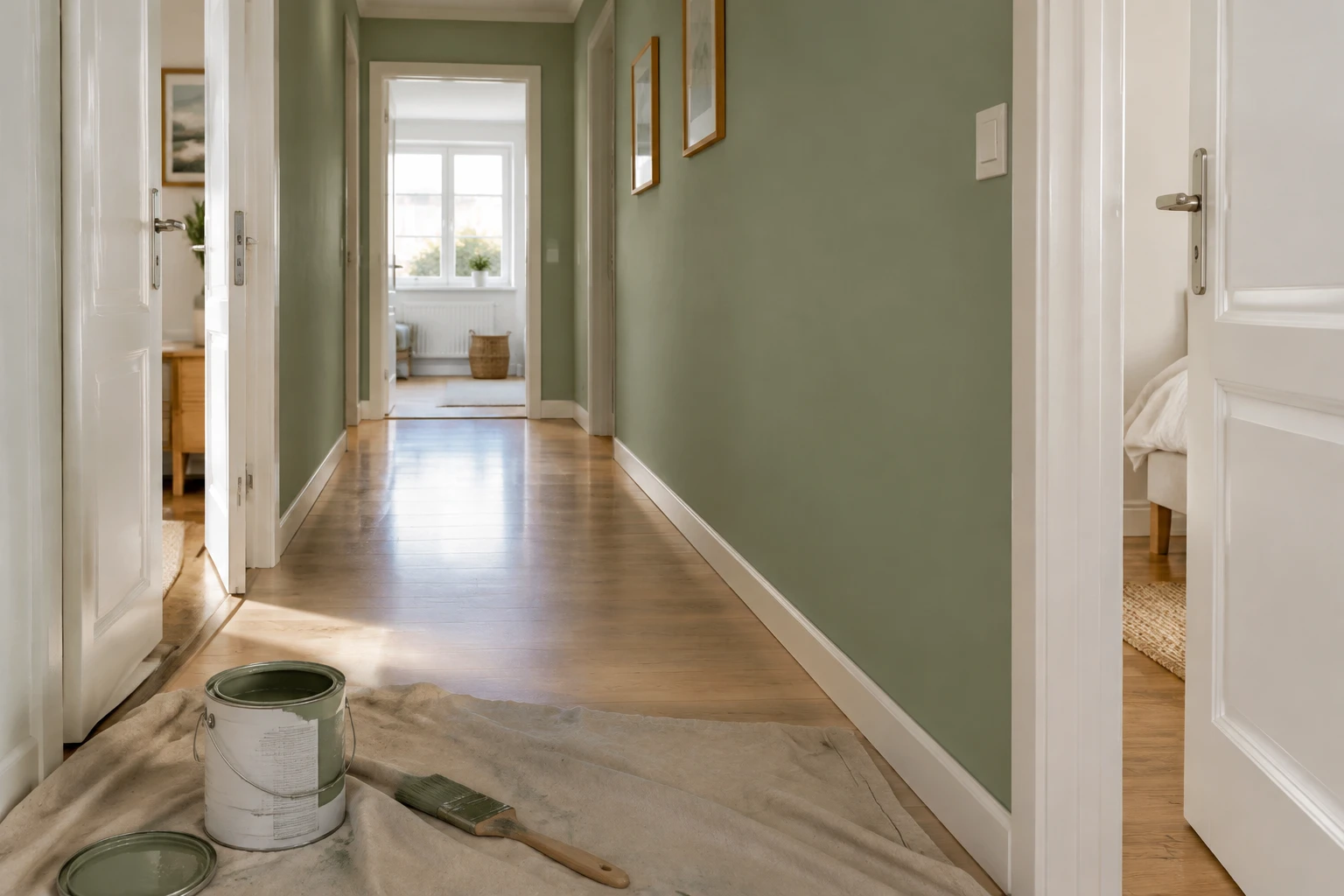 Couloir repeint en vert sauge avec portes blanches satinées et bâche de protection au sol