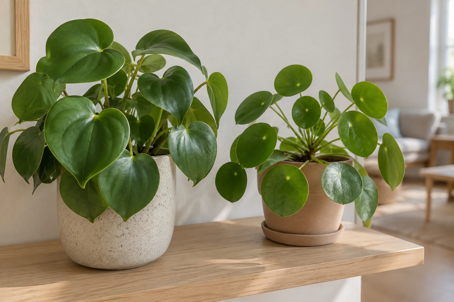 Peperomia polybotrya et pilea peperomioides côte à côte pour comparer leurs feuilles rondes