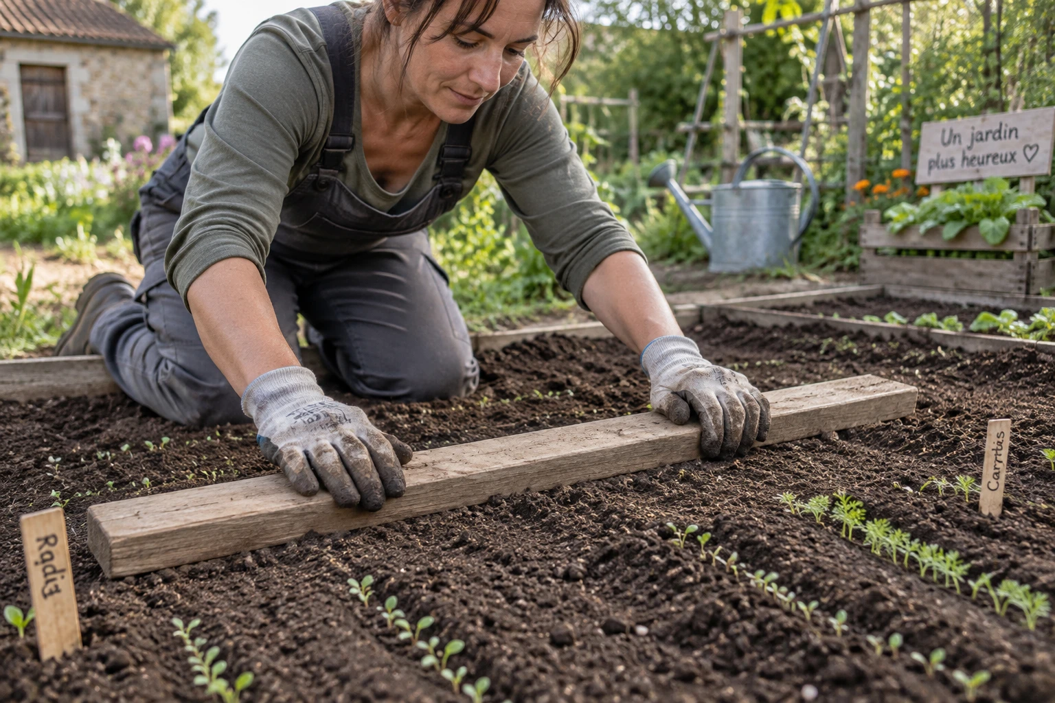 Femme tassant la terre manuellement avec une planche en bois sur un lit de semis au jardin