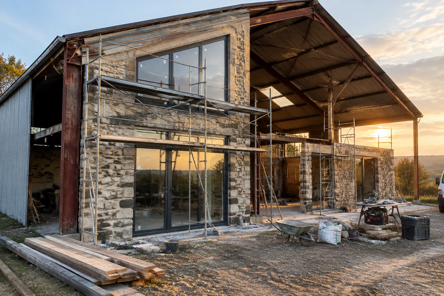 Hangar agricole en cours de transformation en maison avec baies vitrées et échafaudage