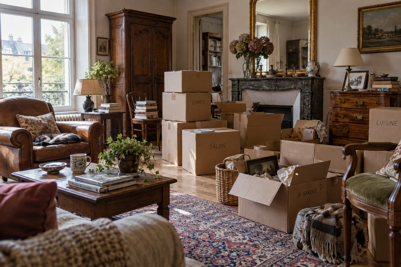 Salon de maison en cours de débarras avec cartons et meubles anciens lors d'une succession
