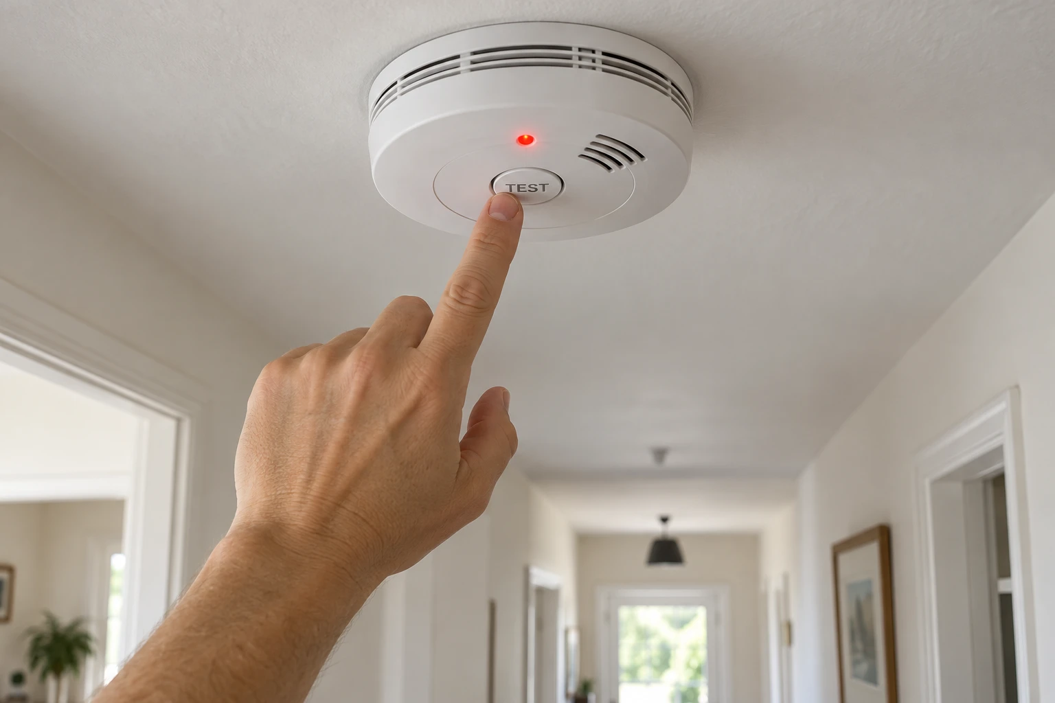 Main appuyant sur le bouton d'un détecteur de fumée au plafond d'un couloir