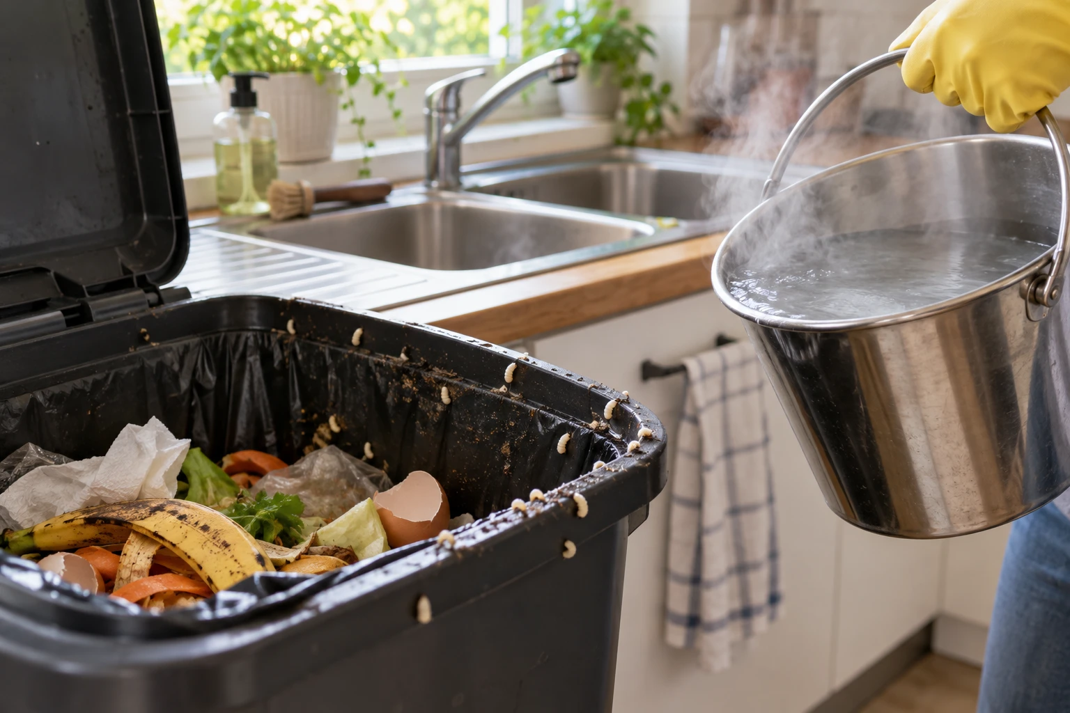Poubelle de cuisine avec des larves blanches et une main gantée versant de l'eau chaude pour les éliminer