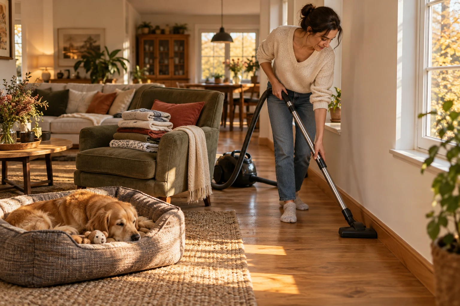 Femme aspirant une plinthe dans un salon près du panier d'un chien pour éliminer les puces