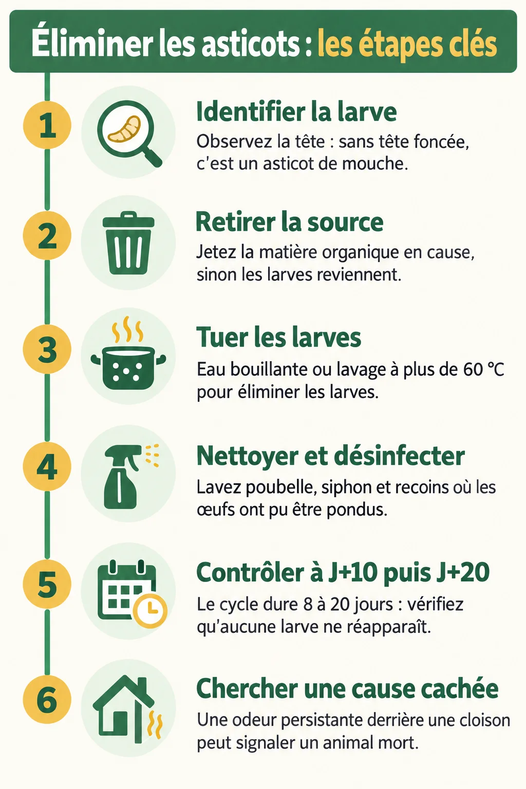 Éliminer les asticots : les étapes clés : 1. Identifier la larve, 2. Retirer la source, 3. Tuer les larves, 4. Nettoyer et désinfecter, 5. Contrôler à J+10 puis J+20, 6. Chercher une cause cachée