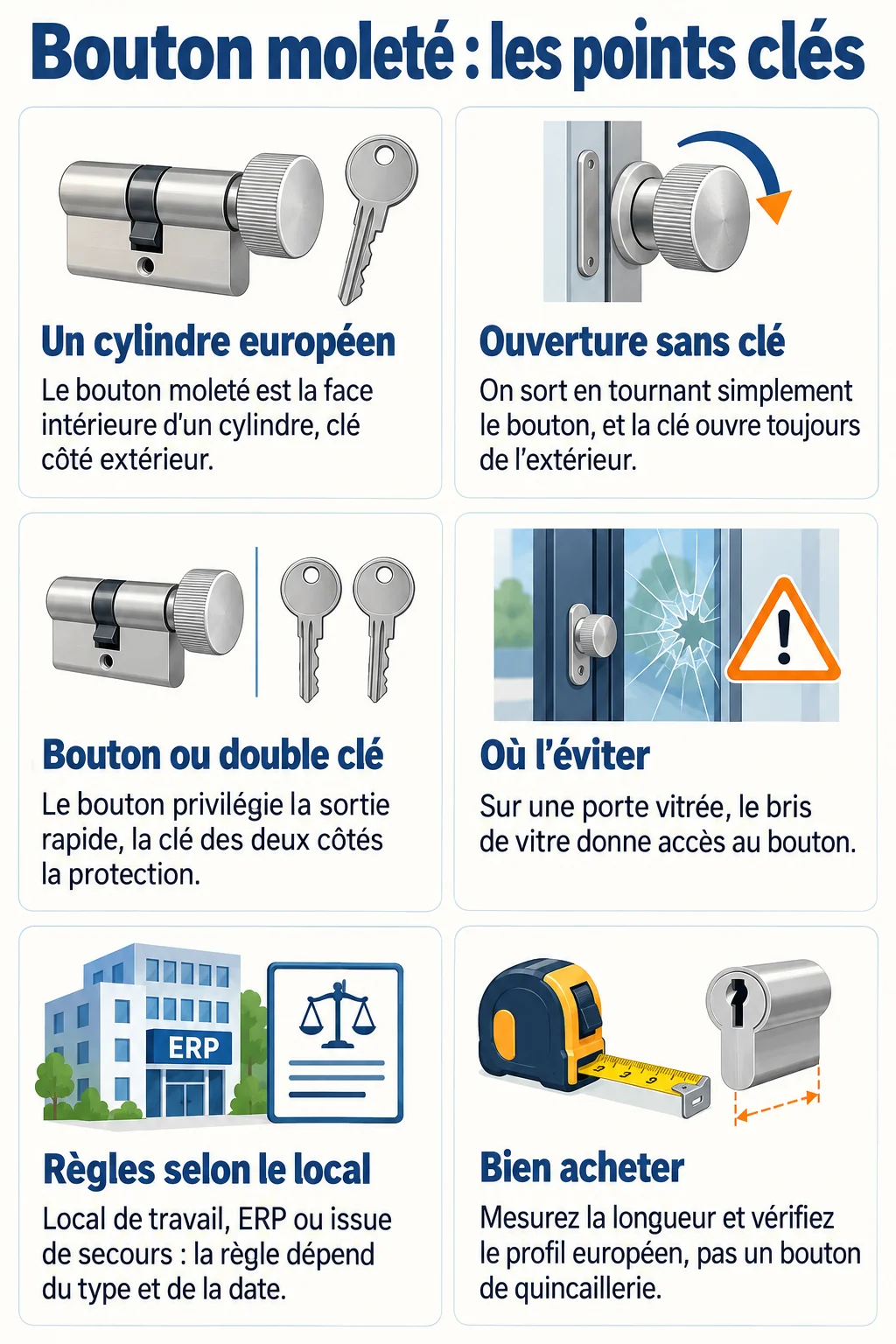 Bouton moleté : les points clés : Un cylindre européen, Ouverture sans clé, Bouton ou double clé, Où l'éviter, Règles selon le local, Bien acheter