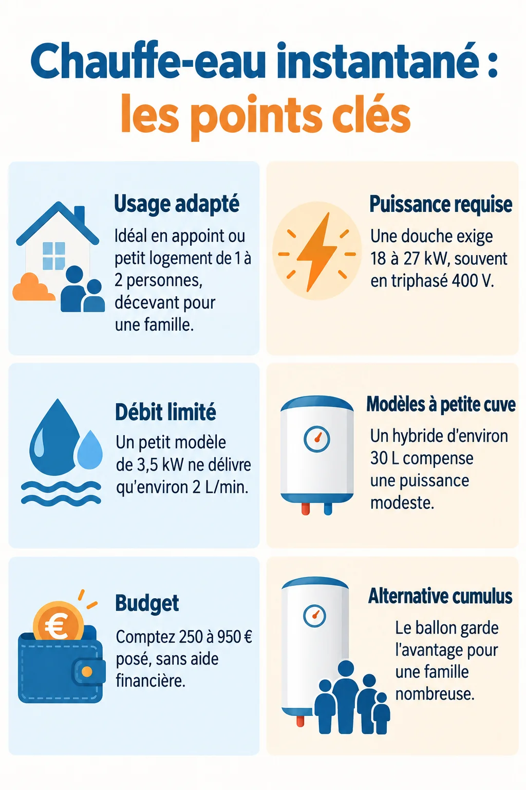 Chauffe-eau instantané : les points clés : Usage adapté, Puissance requise, Débit limité, Modèles à petite cuve, Budget, Alternative cumulus