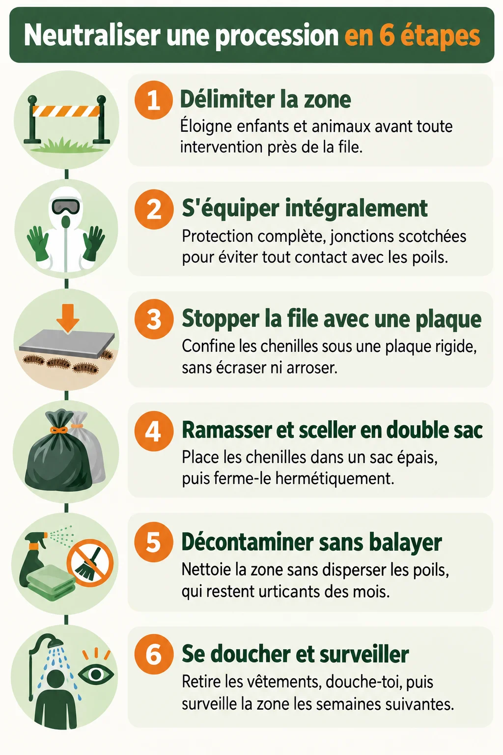 Neutraliser une procession en 6 étapes : 1. Délimiter la zone, 2. S'équiper intégralement, 3. Stopper la file avec une plaque, 4. Ramasser et sceller en double sac, 5. Décontaminer sans balayer, 6. Se doucher et surveiller