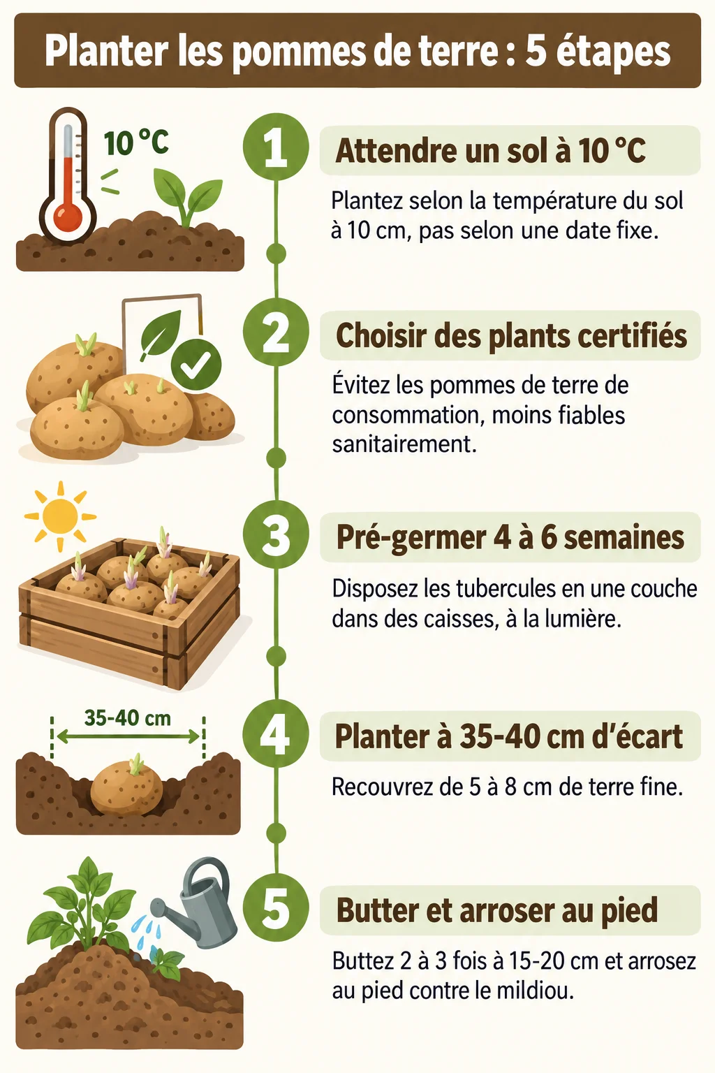 Planter les pommes de terre : 5 étapes : 1. Attendre un sol à 10 °C, 2. Choisir des plants certifiés, 3. Pré-germer 4 à 6 semaines, 4. Planter à 35-40 cm d'écart, 5. Butter et arroser au pied