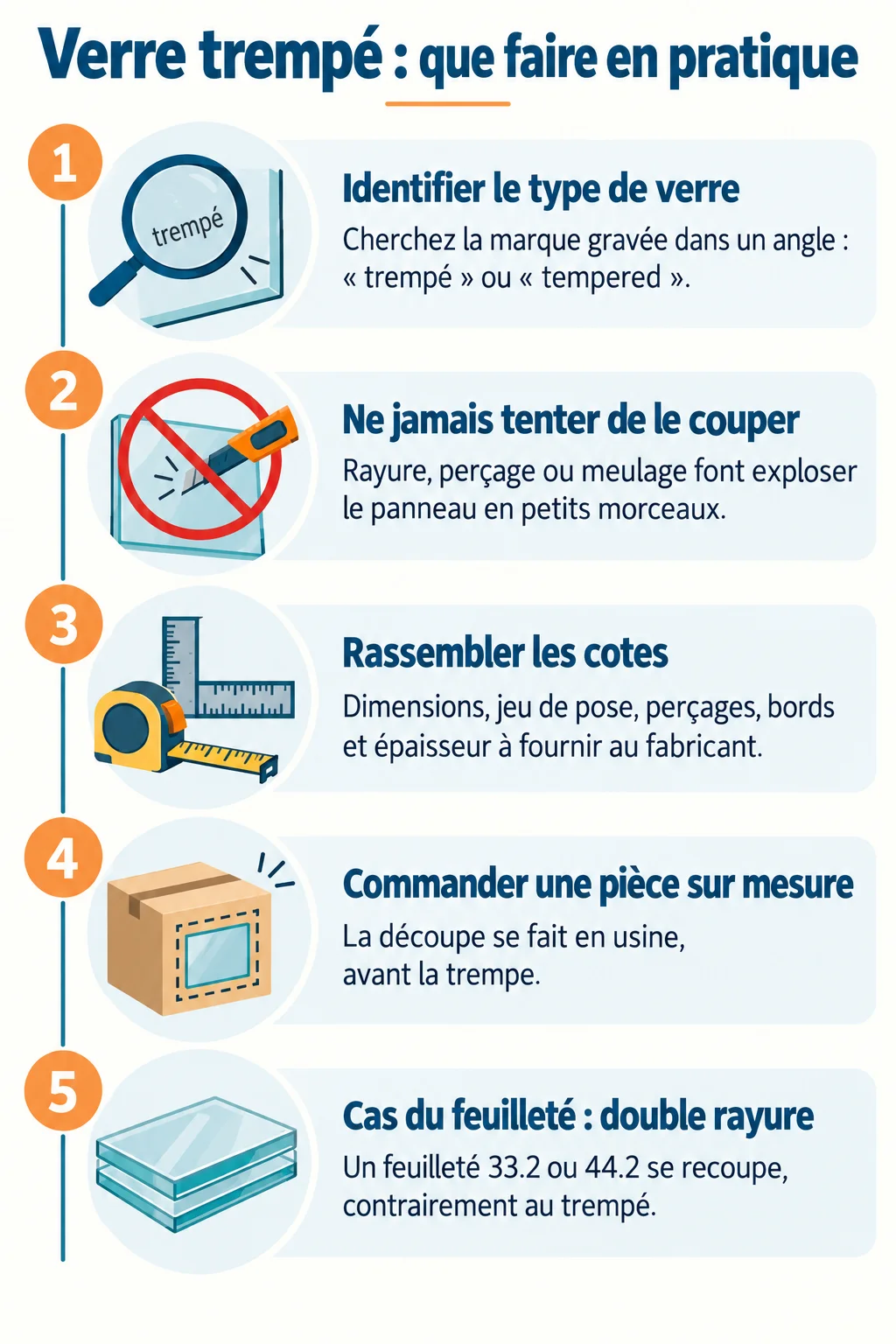 Verre trempé : que faire en pratique : 1. Identifier le type de verre, 2. Ne jamais tenter de le couper, 3. Rassembler les cotes, 4. Commander une pièce sur mesure, 5. Cas du feuilleté : double rayure