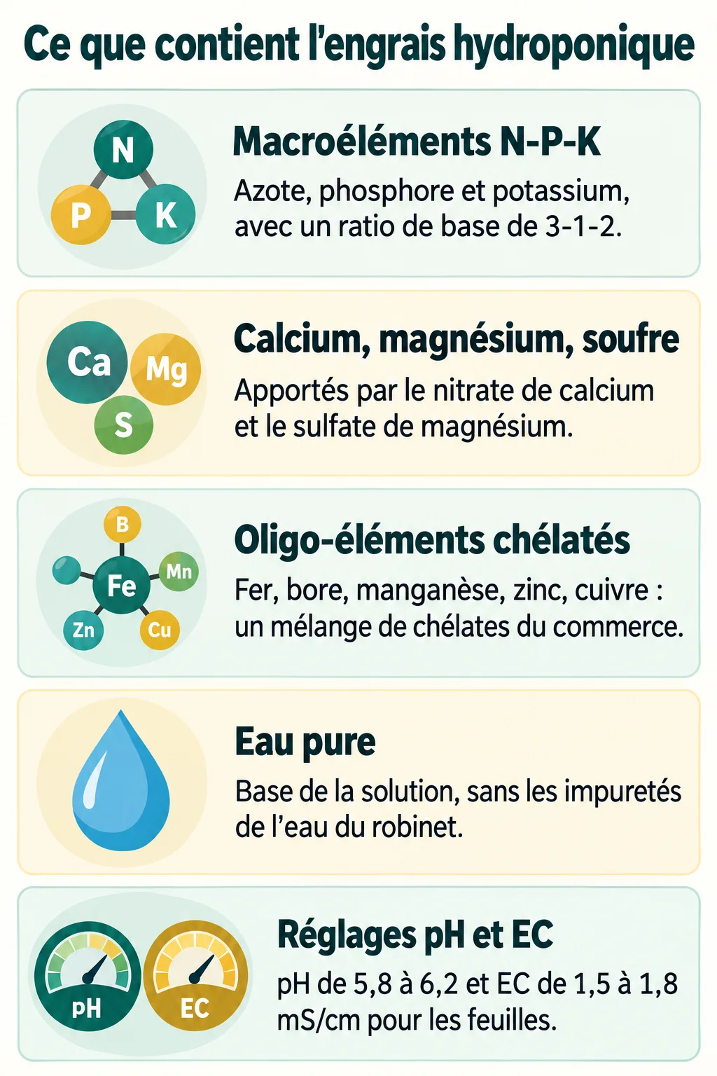Ce que contient l'engrais hydroponique : Macroéléments N-P-K, Calcium, magnésium, soufre, Oligo-éléments chélatés, Eau pure, Réglages pH et EC