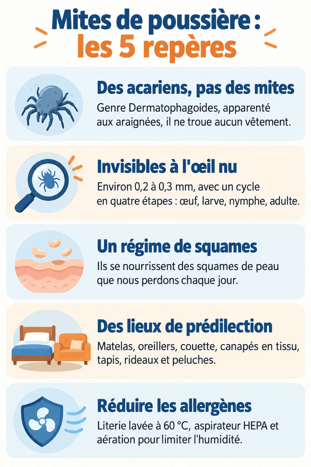Mites de poussière : les 5 repères : Des acariens, pas des mites, Invisibles à l'œil nu, Un régime de squames, Des lieux de prédilection, Réduire les allergènes