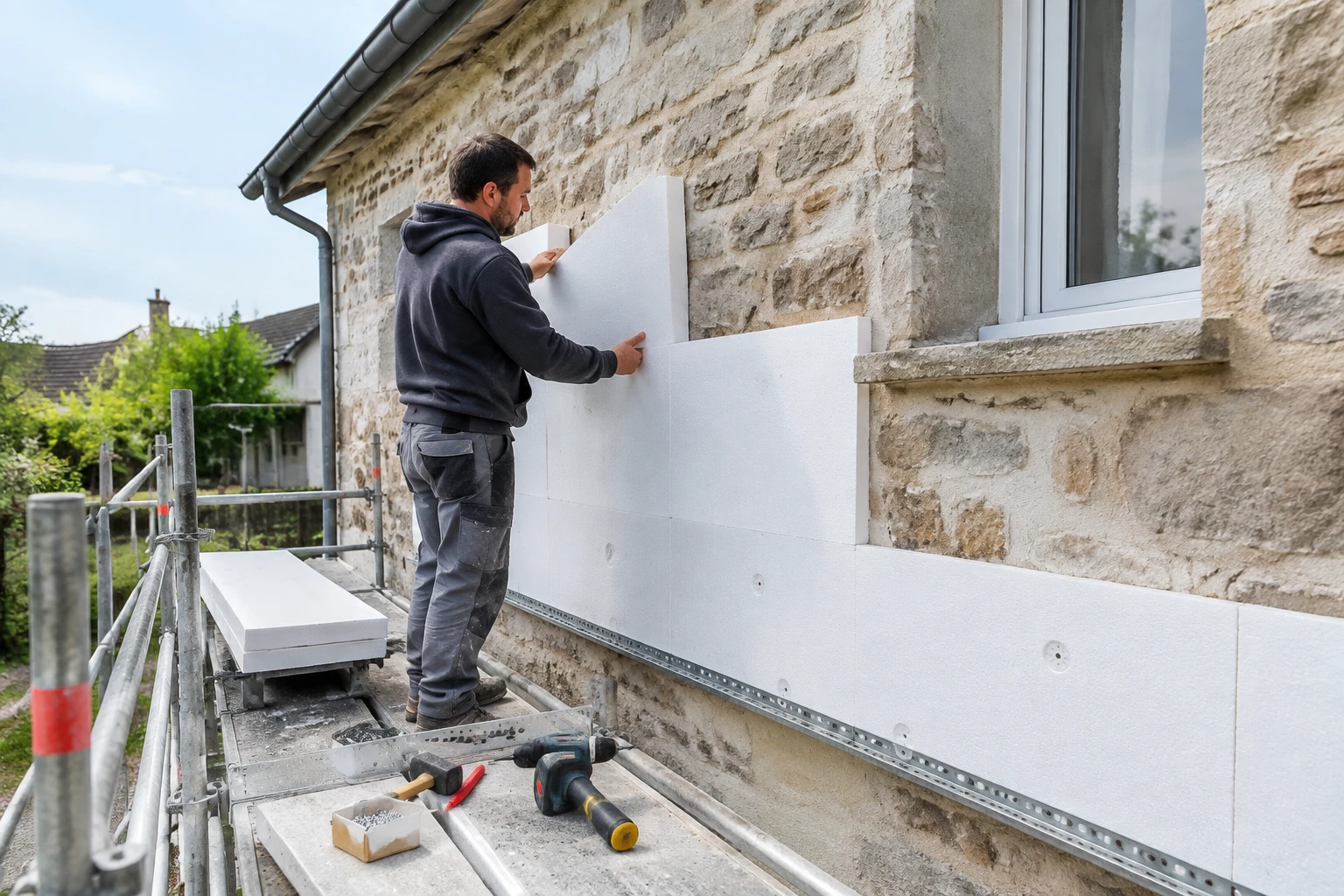 Particulier posant des panneaux isolants sur une façade de maison depuis un échafaudage