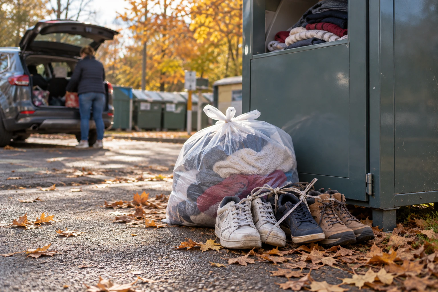 Sac de vêtements et chaussures prêts à être déposés dans un conteneur textile en déchèterie